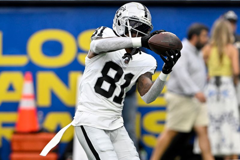 Las Vegas Raiders wide receiver Cam Sims catches a pass during warmups before a preseason NFL football game against the Los Angeles Rams Saturday, Aug. 19, 2023, in Inglewood, Calif. (AP Photo/Alex Gallardo))