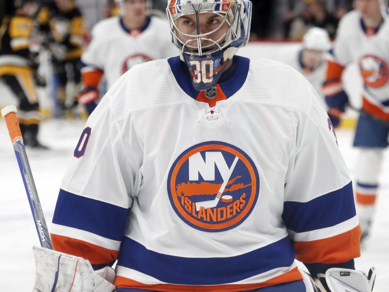 Feb 20, 2024; Pittsburgh, Pennsylvania, USA; New York Islanders goaltender Ilya Sorokin (30) warms up before the game against the Pittsburgh Penguins at PPG Paints Arena. Mandatory Credit: Charles LeClaire-USA TODAY Sports