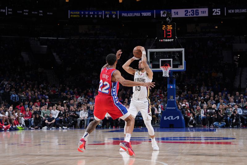 PHILADELPHIA, PA - MARCH 8: Jose Alvarado #15 of the New Orleans Pelicans looks to pass the ball during the game against the Philadelphia 76ers on March 8, 2024 at the Wells Fargo Center in Philadelphia, Pennsylvania NOTE TO USER: User expressly acknowledges and agrees that, by downloading and/or using this Photograph, user is consenting to the terms and conditions of the Getty Images License Agreement. Mandatory Copyright Notice: Copyright 2024 NBAE (Photo by Jesse D. Garrabrant/NBAE via Getty Images)