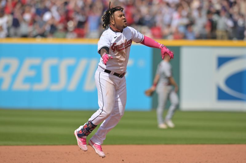 May 28, 2023; Cleveland, Ohio, USA; Cleveland Guardians third baseman Jose Ramirez (11) celebrates after hitting an RBI double to win the game in the ninth inning against the St. Louis Cardinals at Progressive Field. Mandatory Credit: Ken Blaze-USA TODAY Sports