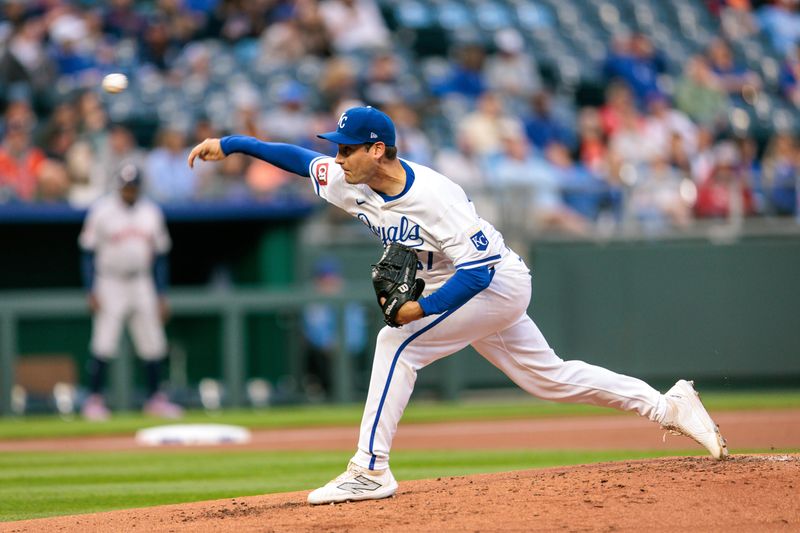 Apr 10, 2024; Kansas City, Missouri, USA; Kansas City Royals pitcher Seth Lugo (67) pitching during the second inning against the Houston Astros at Kauffman Stadium. Mandatory Credit: William Purnell-USA TODAY Sports