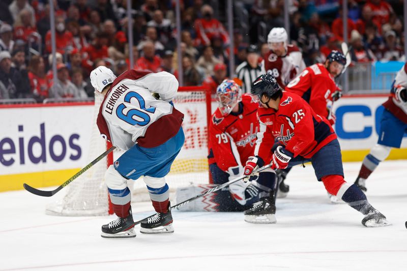 Feb 13, 2024; Washington, District of Columbia, USA; Colorado Avalanche left wing Artturi Lehkonen (62) scores a goal on Washington Capitals goaltender Charlie Lindgren (79) as Capitals defenseman Ethan Bear (25) defends in the second period at Capital One Arena. Mandatory Credit: Geoff Burke-USA TODAY Sports