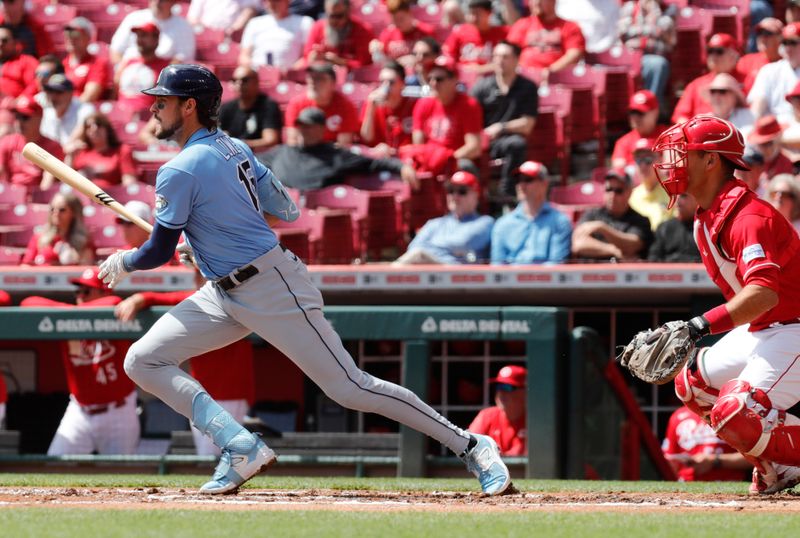 Apr 19, 2023; Cincinnati, Ohio, USA; Tampa Bay Rays right fielder Josh Lowe (15) runs after hitting a two run single against the Cincinnati Reds during the first inning at Great American Ball Park. Mandatory Credit: David Kohl-USA TODAY Sports