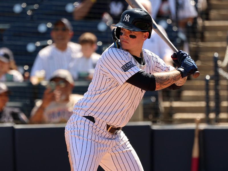 Feb 25, 2024; Tampa, Florida, USA; New York Yankees right fielder Alex Verdugo (24) at bat during the second inning against the Toronto Blue Jays at George M. Steinbrenner Field. Mandatory Credit: Kim Klement Neitzel-USA TODAY Sports