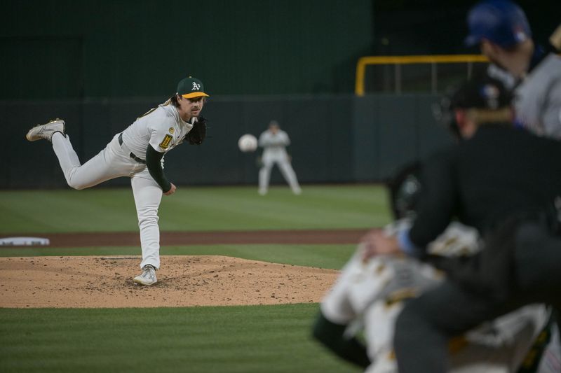 Apr 24, 2025; West Sacramento, California, USA; Athletics pitcher J.T. Ginn (70) throws a pitch against the Texas Rangers during the fourth inning at Sutter Health Park. Mandatory Credit: Ed Szczepanski-Imagn Images