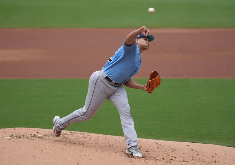 Jun 18, 2023; San Diego, California, USA;  Tampa Bay Rays relief pitcher Yonny Chirinos (72) throws a pitch against the San Diego Padres during the first inning at Petco Park. Mandatory Credit: Ray Acevedo-USA TODAY Sports