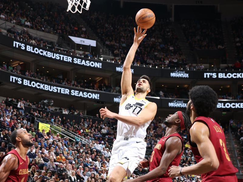 SALT LAKE CITY, UT - APRIL 2: Omer Yurtseven #77 of the Utah Jazz shoots the ball during the game against the Cleveland Cavaliers on April 2, 2024 at Delta Center in Salt Lake City, Utah. NOTE TO USER: User expressly acknowledges and agrees that, by downloading and or using this Photograph, User is consenting to the terms and conditions of the Getty Images License Agreement. Mandatory Copyright Notice: Copyright 2024 NBAE (Photo by Melissa Majchrzak/NBAE via Getty Images)