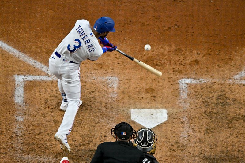 Aug 3, 2023; Arlington, Texas, USA; Texas Rangers center fielder Leody Taveras (3) bats against the Chicago White Sox during the sixth inning at Globe Life Field. Mandatory Credit: Jerome Miron-USA TODAY Sports