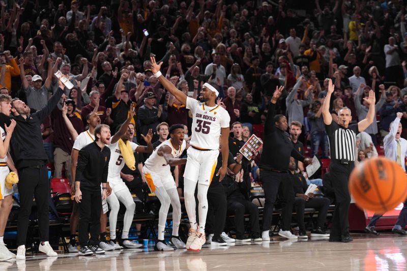 Feb 18, 2023; Tempe, Arizona, USA; Arizona State Sun Devils guard Devan Cambridge (35) reacts after making a basket against the Utah Utes during the second half at Desert Financial Arena. Mandatory Credit: Joe Camporeale-USA TODAY Sports