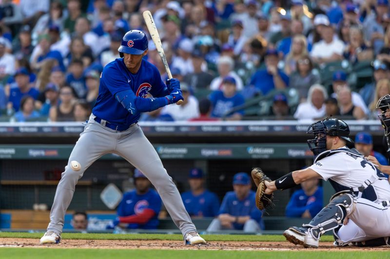 Aug 22, 2023; Detroit, Michigan, USA; Chicago Cubs center fielder Cody Bellinger (24) strikes out looking in the second inning against the Detroit Tigers at Comerica Park. Mandatory Credit: David Reginek-USA TODAY Sports