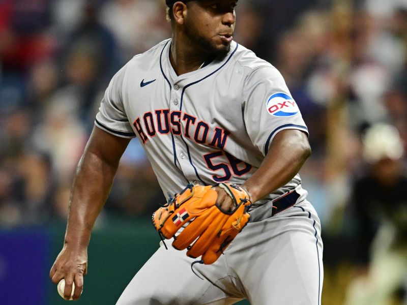 Sep 27, 2024; Cleveland, Ohio, USA; Houston Astros starting pitcher Ronel Blanco (56) throws a pitch during the first inning against the Cleveland Guardians at Progressive Field. Mandatory Credit: Ken Blaze-Imagn Images