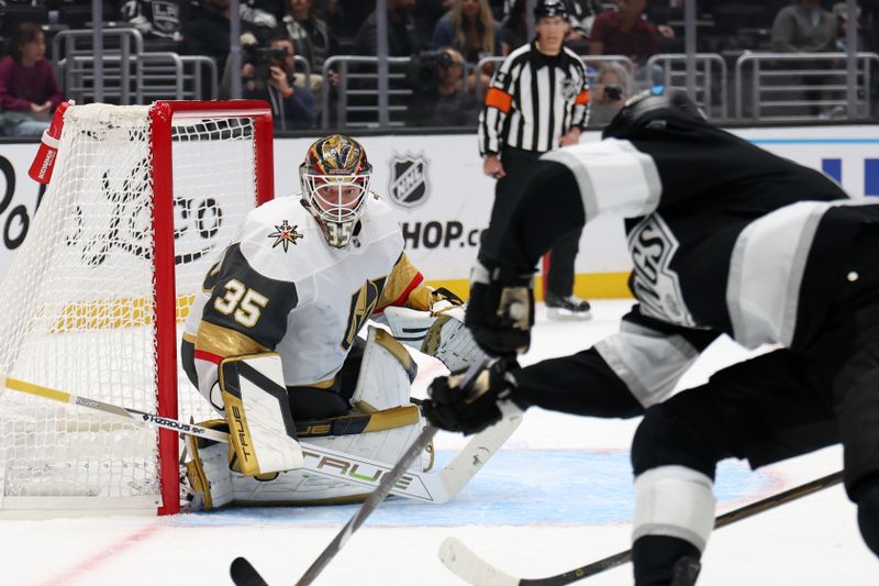 Oct 30, 2024; Los Angeles, California, USA; Vegas Golden Knights goaltender Ilya Samsonov (35) defends the goal during the second period against the Los Angeles Kings at Crypto.com Arena. Mandatory Credit: Kiyoshi Mio-Imagn Images