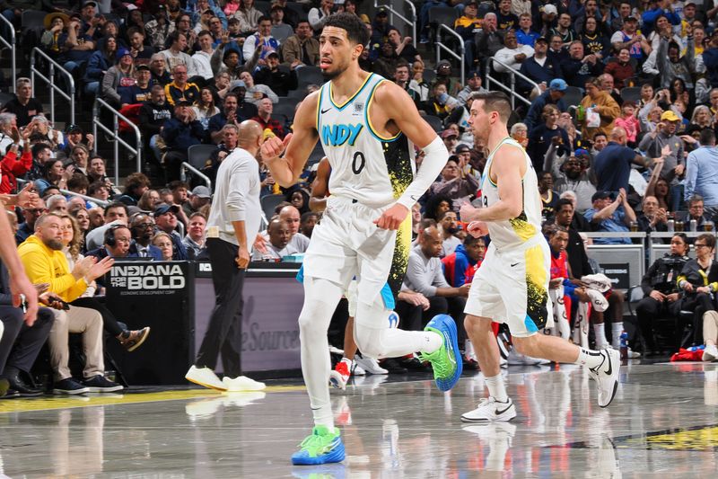 INDIANAPOLIS, IN - JANUARY 29:  Tyrese Haliburton #0 of the Indiana Pacers celebrates during the game against the Detroit Pistons on January 29, 2025 at Gainbridge Fieldhouse in Indianapolis, Indiana. NOTE TO USER: User expressly acknowledges and agrees that, by downloading and or using this Photograph, user is consenting to the terms and conditions of the Getty Images License Agreement. Mandatory Copyright Notice: Copyright 2025 NBAE (Photo by Ron Hoskins/NBAE via Getty Images)