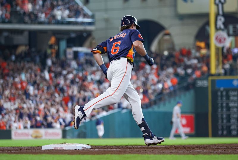 Jul 14, 2024; Houston, Texas, USA; Houston Astros center fielder Jake Meyers (6) rounds first base after hitting a home run during the third inning against the Texas Rangers at Minute Maid Park. Mandatory Credit: Troy Taormina-USA TODAY Sports