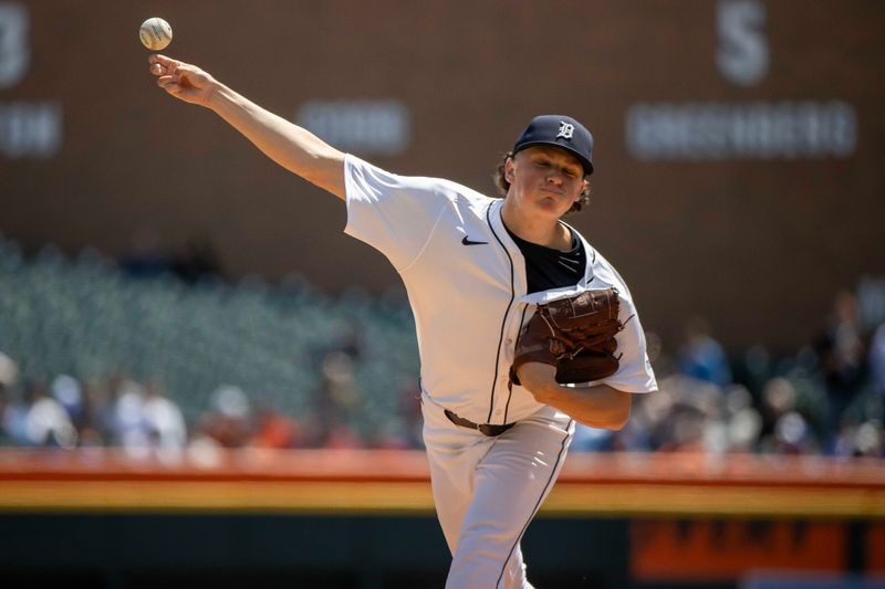 Apr 26, 2024; Detroit, Michigan, USA; Detroit Tigers pitcher Reese Olson (45) throws in the first inning against the Kansas City Royals at Comerica Park. Mandatory Credit: David Reginek-USA TODAY Sports