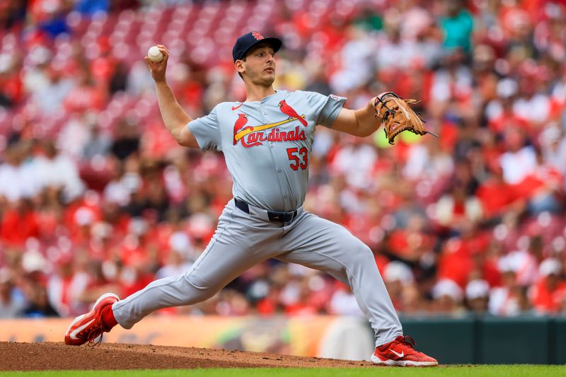 May 29, 2024; Cincinnati, Ohio, USA; St. Louis Cardinals starting pitcher Andre Pallante (53) pitches against the Cincinnati Reds in the first inning at Great American Ball Park. Mandatory Credit: Katie Stratman-USA TODAY Sports