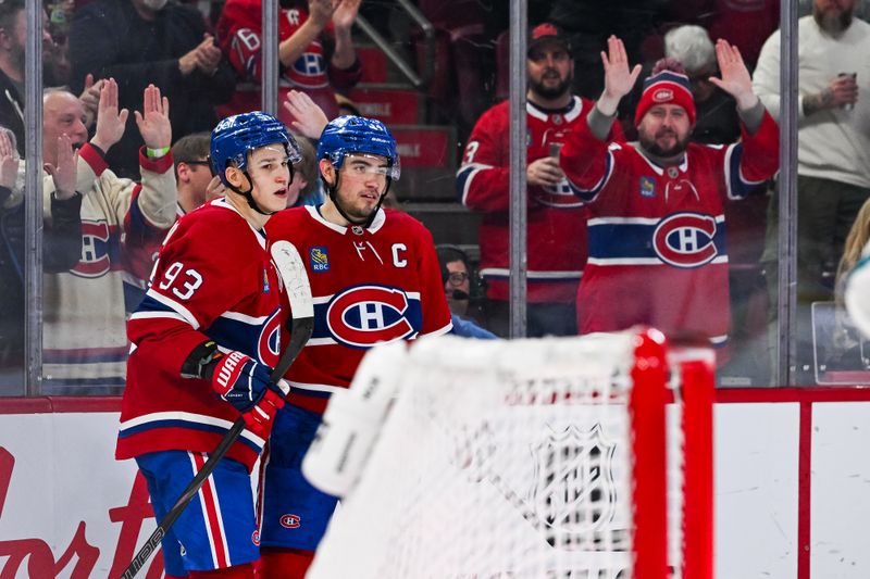 Mar 14, 2026; Montreal, Quebec, CAN; Montreal Canadiens center Nick Suzuki (14) celebrates with right wing Ivan Demidov (93) his goal against the San Jose Sharks during the second period at Bell Centre. Mandatory Credit: David Kirouac-Imagn Images Mar 14, 2026; Montreal, Quebec, CAN; Montreal Canadiens center Nick Suzuki (14) celebrates with right wing Ivan Demidov (93) his goal against the San Jose Sharks during the second period at Bell Centre. Mandatory Credit: David Kirouac-Imagn Images