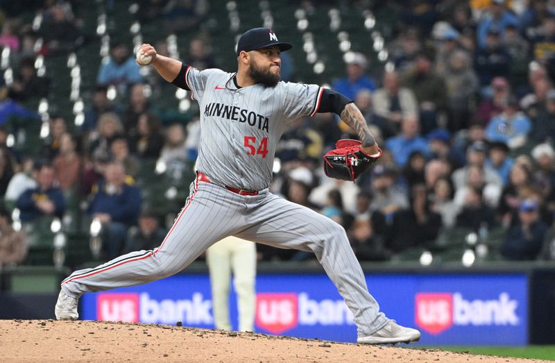 Apr 3, 2024; Milwaukee, Wisconsin, USA; Minnesota Twins relief pitcher Daniel Duarte (54) delivers a pitch against the Minnesota Twins in the fifth inning at American Family Field. Mandatory Credit: Michael McLoone-USA TODAY Sports