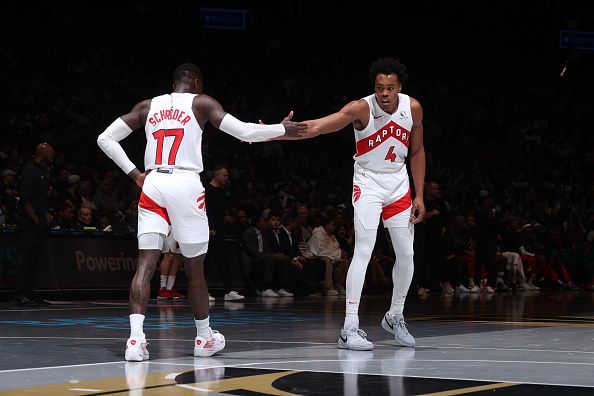 BROOKLYN, NY - NOVEMBER 28: Dennis Schroder #17 and Scottie Barnes #4 of the Toronto Raptors high five during the game against the Brooklyn Nets during the In-Season Tournament on November 28, 2023 at Barclays Center in Brooklyn, New York. NOTE TO USER: User expressly acknowledges and agrees that, by downloading and or using this Photograph, user is consenting to the terms and conditions of the Getty Images License Agreement. Mandatory Copyright Notice: Copyright 2023 NBAE (Photo by Nathaniel S. Butler/NBAE via Getty Images)