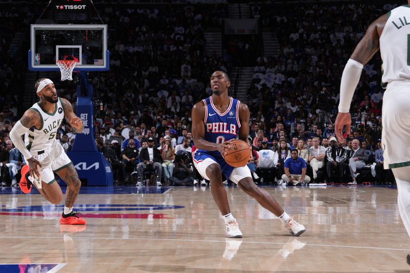 PHILADELPHIA, PA - OCTOBER 23: Tyrese Maxey #0 of the Philadelphia 76ers shoots the ball during the game against the Milwaukee Bucks on October 23, 2024 at the Wells Fargo Center in Philadelphia, Pennsylvania NOTE TO USER: User expressly acknowledges and agrees that, by downloading and/or using this Photograph, user is consenting to the terms and conditions of the Getty Images License Agreement. Mandatory Copyright Notice: Copyright 2024 NBAE (Photo by Jesse D. Garrabrant/NBAE via Getty Images)