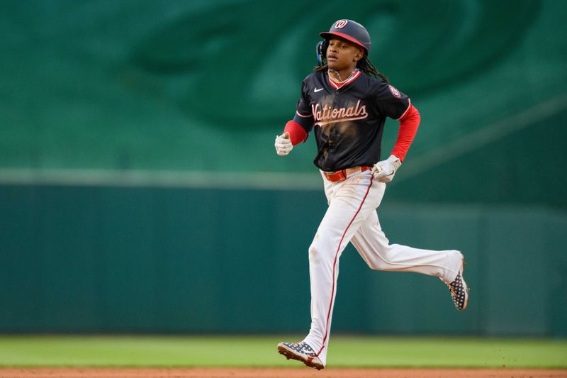 Apr 4, 2024; Washington, District of Columbia, USA; Washington Nationals shortstop CJ Abrams (5) rounds the bases after hitting a home run during the fifth inning against the Pittsburgh Pirates at Nationals Park. Mandatory Credit: Reggie Hildred-USA TODAY Sports