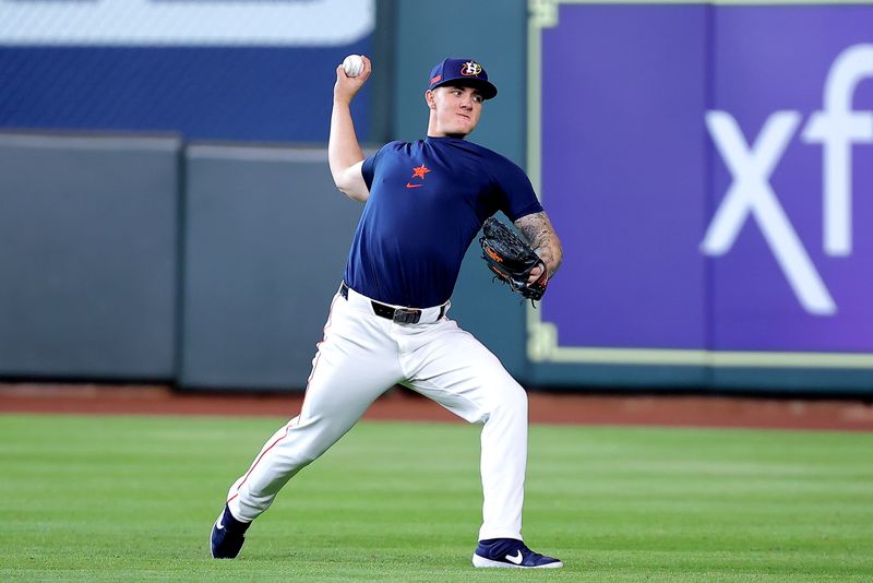 May 20, 2024; Houston, Texas, USA; Houston Astros starting pitcher Hunter Brown (58) works out prior to the game against the Los Angeles Angels at Minute Maid Park. Mandatory Credit: Erik Williams-USA TODAY Sports