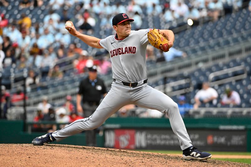 May 7, 2025; Washington, District of Columbia, USA; Cleveland Guardians relief pitcher Cade Smith (36) throws to the Washington Nationals during the seventh inning at Nationals Park. Mandatory Credit: Brad Mills-Imagn Images