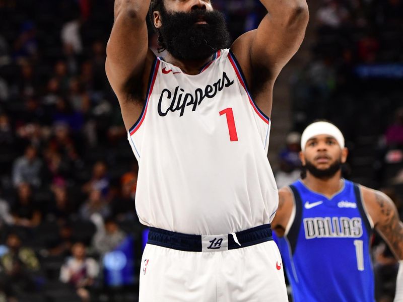 INGLEWOOD, CA - OCTOBER 14: James Harden #1 of the LA Clippers prepares to shoot a free throw during the game against the Dallas Mavericks during a NBA Preseason game on October 14, 2024 at the Intuit Dome in Inglewood, California. NOTE TO USER: User expressly acknowledges and agrees that, by downloading and/or using this Photograph, user is consenting to the terms and conditions of the Getty Images License Agreement. Mandatory Copyright Notice: Copyright 2024 NBAE (Photo by Adam Pantozzi/NBAE via Getty Images)