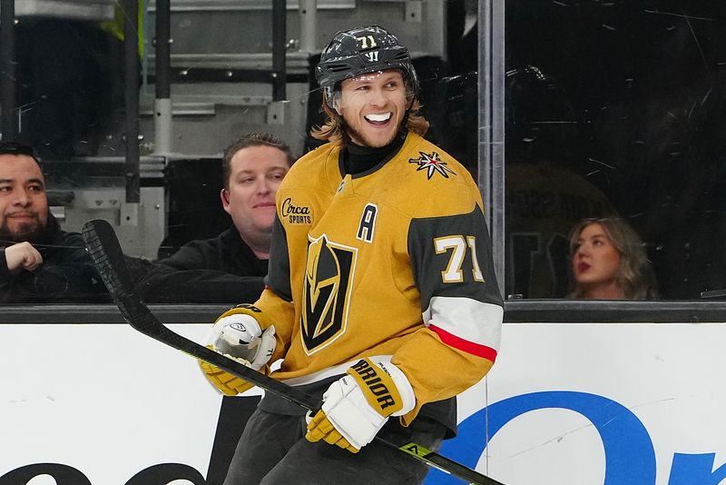 Apr 10, 2025; Las Vegas, Nevada, USA; Vegas Golden Knights center William Karlsson (71) celebrates after scoring a goal against the Seattle Kraken during the second period at T-Mobile Arena. Mandatory Credit: Stephen R. Sylvanie-Imagn Images