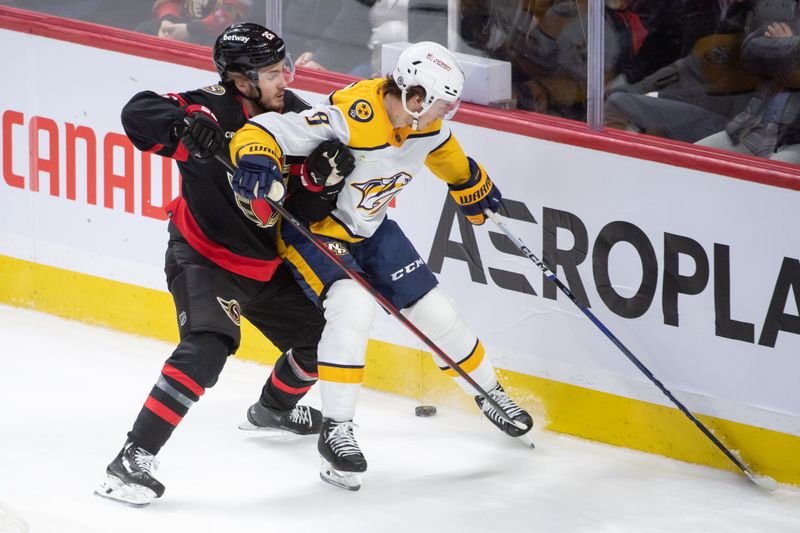 Jan 29, 2024; Ottawa, Ontario, CAN; Ottawa Senators defenseman Erik Brannstrom (26) battles with Nashville Predators center Cody Glass (8) for control of the puck in the third period at the Canadian Tire Centre. Mandatory Credit: Marc DesRosiers-USA TODAY Sports