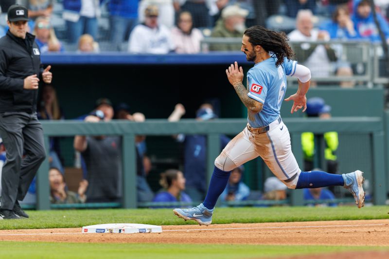 Apr 27, 2025; Kansas City, Missouri, USA; Kansas City Royals third base Jonathan India (6) rounds third base during the third inning against the Houston Astros at Kauffman Stadium. Mandatory Credit: William Purnell-Imagn Images