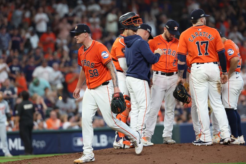 Oct 2, 2024; Houston, Texas, USA; Houston Astros pitcher Hunter Brown (58) leaves the mound after being removed by manager Joe Espada (19) during the sixth inning of game two of the Wildcard round for the 2024 MLB Playoffs against the Detroit Tigers at Minute Maid Park. Mandatory Credit: Thomas Shea-Imagn Images