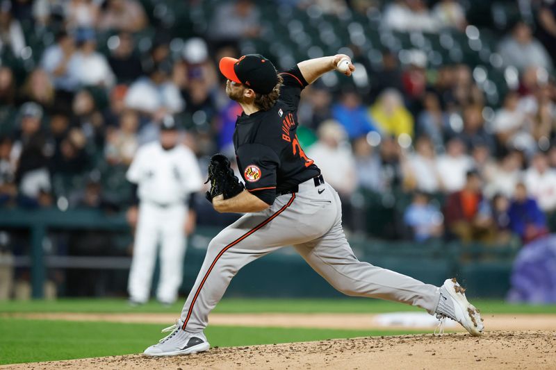 May 24, 2024; Chicago, Illinois, USA; Baltimore Orioles starting pitcher Corbin Burnes (39) delivers a pitch against the Chicago White Sox during the third inning at Guaranteed Rate Field. Mandatory Credit: Kamil Krzaczynski-USA TODAY Sports