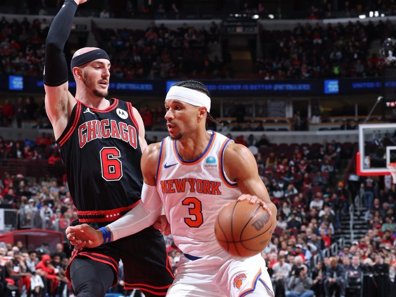 CHICAGO, IL - APRIL 5: Josh Hart #3 of the New York Knicks drives to the basket during the game against the Chicago Bulls on April 5, 2024 at United Center in Chicago, Illinois. NOTE TO USER: User expressly acknowledges and agrees that, by downloading and or using this photograph, User is consenting to the terms and conditions of the Getty Images License Agreement. Mandatory Copyright Notice: Copyright 2024 NBAE (Photo by Jeff Haynes/NBAE via Getty Images)