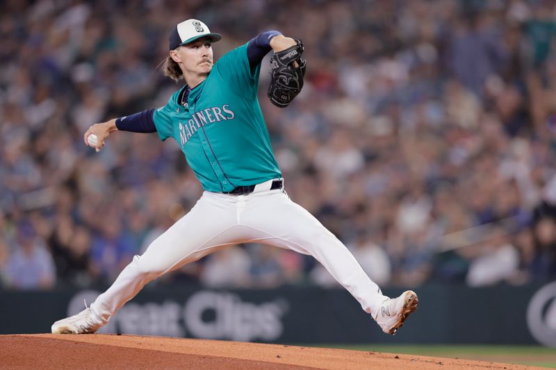 Jun 29, 2024; Seattle, Washington, USA; Seattle Mariners starting pitcher Bryce Miller (50) throws against the Minnesota Twins during the first inning at T-Mobile Park. Mandatory Credit: John Froschauer-USA TODAY Sports