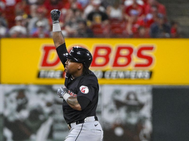 Sep 20, 2024; St. Louis, Missouri, USA;  Cleveland Guardians third baseman Jose Ramirez (11) reacts as he runs the bases after hitting a solo home run against the St. Louis Cardinals during the fifth inning at Busch Stadium. Mandatory Credit: Jeff Curry-Imagn Images