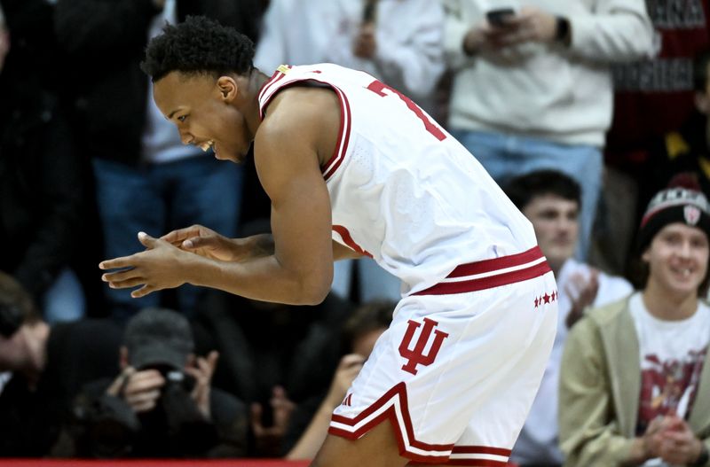 Jan 27, 2026; Bloomington, Indiana, USA; Indiana Hoosiers guard Nick Dorn (7) celebrates after making a shot against the Purdue Boilermakers during the first half at Simon Skjodt Assembly Hall. Mandatory Credit: Robert Goddin-Imagn Images