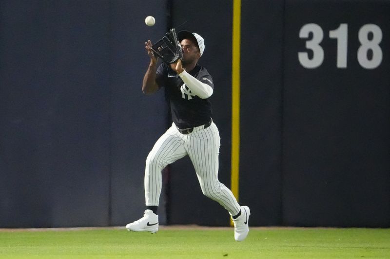 Feb 28, 2025; Tampa, Florida, USA; New York Yankees left fielder Pablo Reyes (19) catches a ball hit by Toronto Blue Jays outfielder Anthony Santander (not pictured) during the first inning at George M. Steinbrenner Field. Mandatory Credit: Dave Nelson-Imagn Images