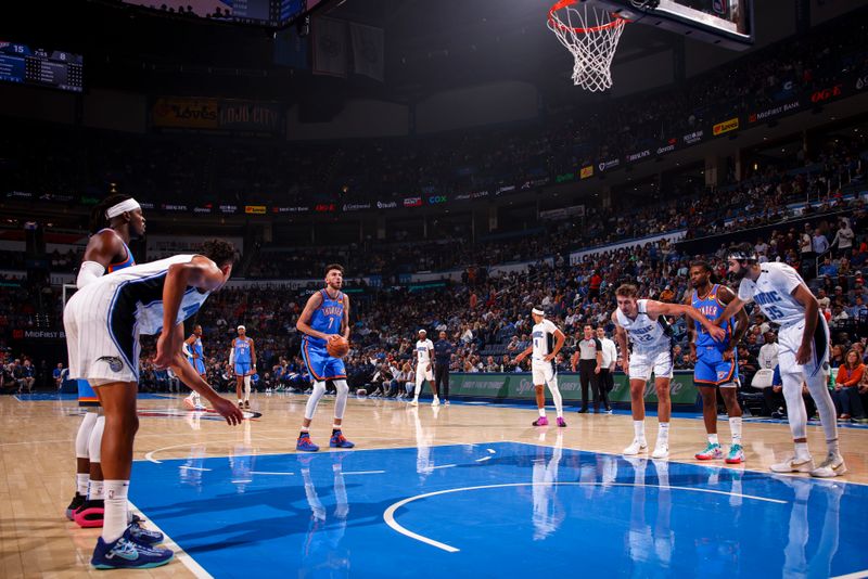 OKLAHOMA CITY, OK - NOVEMBER 4:  Chet Holmgren #7 of the Oklahoma City Thunder shoots a free throw during the game against the Orlando Magic on November 4, 2024 at Paycom Center in Oklahoma City, Oklahoma. NOTE TO USER: User expressly acknowledges and agrees that, by downloading and or using this photograph, User is consenting to the terms and conditions of the Getty Images License Agreement. Mandatory Copyright Notice: Copyright 2024 NBAE (Photo by Zach Beeker/NBAE via Getty Images)