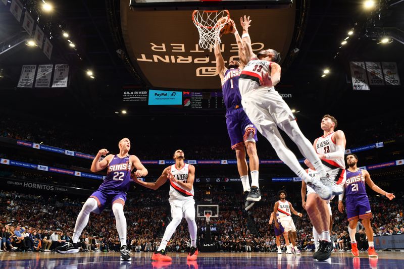 PHOENIX, AZ - NOVEMBER 2: Devin Booker #1 of the Phoenix Suns drives to the basket during the game against the Portland Trail Blazers on November 2, 2024 at Footprint Center in Phoenix, Arizona. NOTE TO USER: User expressly acknowledges and agrees that, by downloading and or using this photograph, user is consenting to the terms and conditions of the Getty Images License Agreement. Mandatory Copyright Notice: Copyright 2024 NBAE (Photo by Barry Gossage/NBAE via Getty Images)