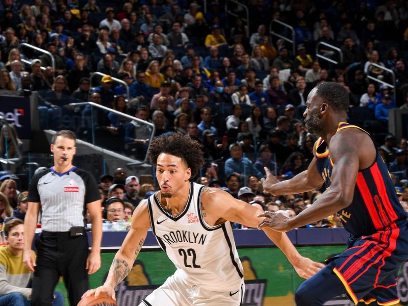 SAN FRANCISCO, CA - NOVEMBER 25: Jalen Wilson #22 of the Brooklyn Nets handles the ball during the game against the Golden State Warriors on November 25, 2024 at Chase Center in San Francisco, California. NOTE TO USER: User expressly acknowledges and agrees that, by downloading and or using this photograph, user is consenting to the terms and conditions of Getty Images License Agreement. Mandatory Copyright Notice: Copyright 2024 NBAE (Photo by Noah Graham/NBAE via Getty Images)