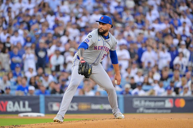 Oct 20, 2024; Los Angeles, California, USA; New York Mets pitcher Sean Manaea (59) pitches against the Los Angeles Dodgers in the first inning during game six of the NLCS for the 2024 MLB playoffs at Dodger Stadium. Mandatory Credit: Jayne Kamin-Oncea-Imagn Images