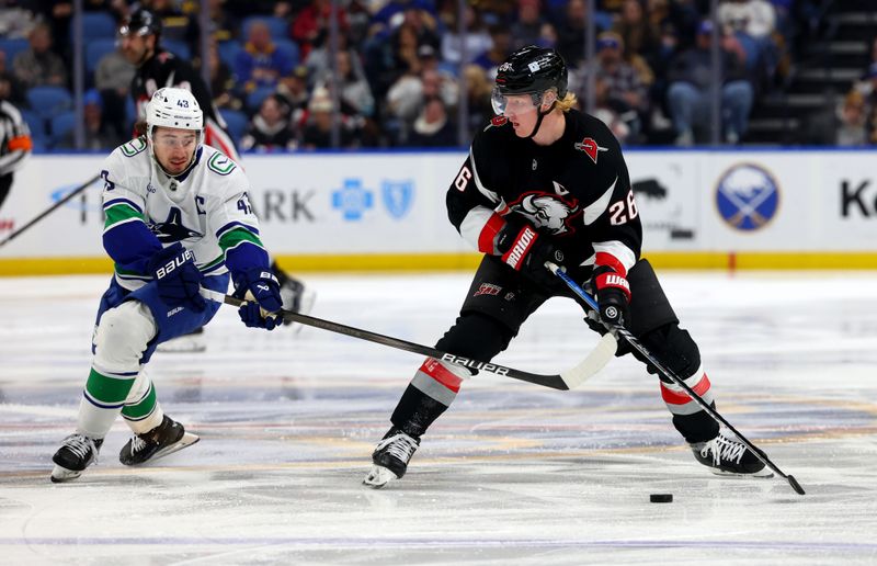 Nov 29, 2024; Buffalo, New York, USA;  Buffalo Sabres defenseman Rasmus Dahlin (26) looks to make a pass as Vancouver Canucks defenseman Quinn Hughes (43) defends during the second period at KeyBank Center. Mandatory Credit: Timothy T. Ludwig-Imagn Images