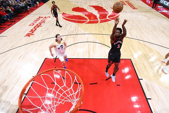 TORONTO, CANADA - DECEMBER 23:  OG Anunoby #3 of the Toronto Raptors shoots the ball during the game against the Utah Jazz on December 23, 2023 at the Scotiabank Arena in Toronto, Ontario, Canada.  NOTE TO USER: User expressly acknowledges and agrees that, by downloading and or using this Photograph, user is consenting to the terms and conditions of the Getty Images License Agreement.  Mandatory Copyright Notice: Copyright 2023 NBAE (Photo by Vaughn Ridley/NBAE via Getty Images)