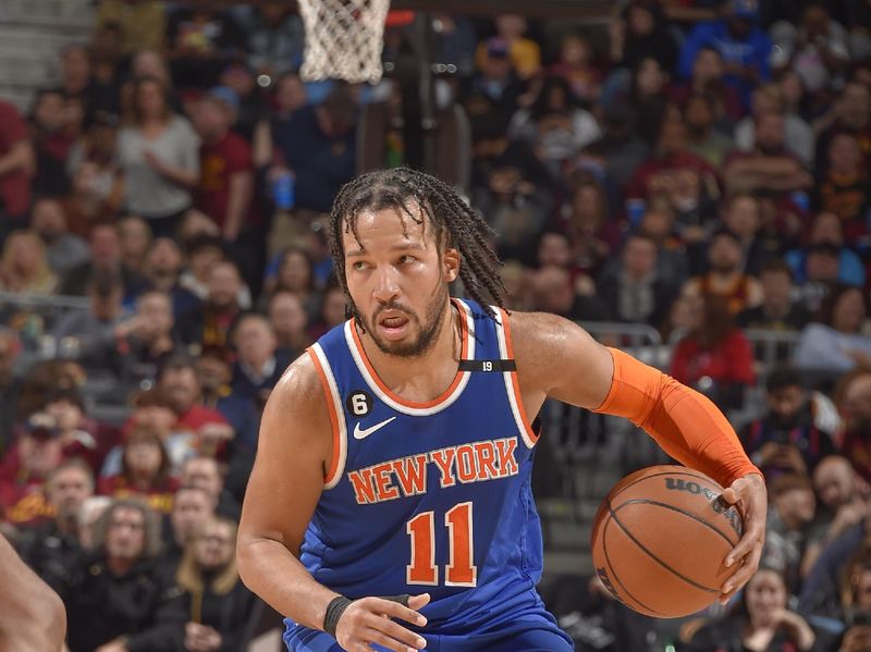 CLEVELAND, OH - MARCH 31:  Jalen Brunson #11 of the New York Knicks goes to the basket during the game on March 31, 2023 at Rocket Mortgage FieldHouse in Cleveland, Ohio. NOTE TO USER: User expressly acknowledges and agrees that, by downloading and/or using this Photograph, user is consenting to the terms and conditions of the Getty Images License Agreement. Mandatory Copyright Notice: Copyright 2023 NBAE (Photo by David Liam Kyle/NBAE via Getty Images)