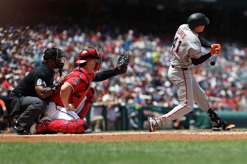 May 25, 2025; Washington, District of Columbia, USA; San Francisco Giants designated hitter Wilmer Flores (41) is hit by a pitch against the Washington Nationals during the second inning at Nationals Park. Mandatory Credit: Geoff Burke-Imagn Images