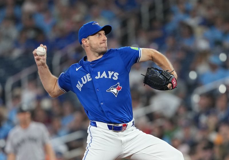 Jun 30, 2025; Toronto, Ontario, CAN; Toronto Blue Jays starting pitcher Max Scherzer (31) throws a pitch against the New York Yankees during the first inning at Rogers Centre. Mandatory Credit: Nick Turchiaro-Imagn Images