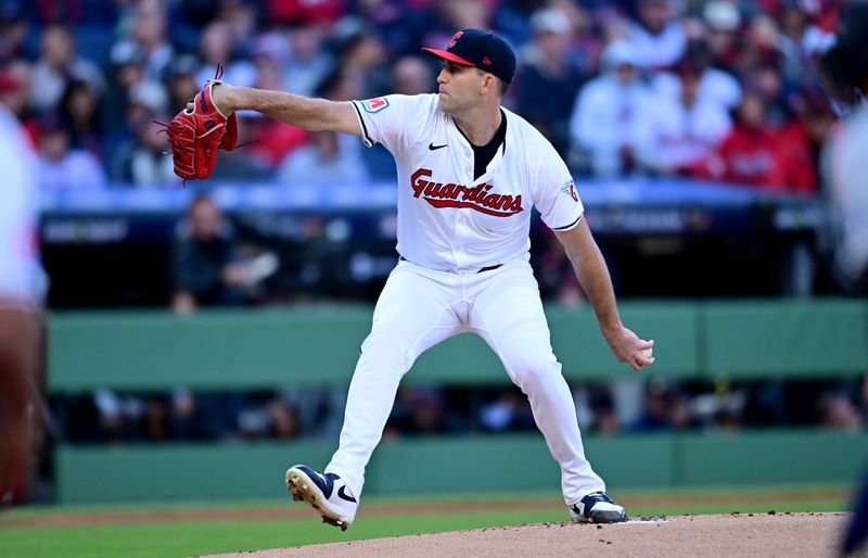 Oct 17, 2024; Cleveland, Ohio, USA; Cleveland Guardians pitcher Matthew Boyd (16) throws during the first inning against the New York Yankees in game 3 of the American League Championship Series at Progressive Field. Mandatory Credit: David Dermer-Imagn Images