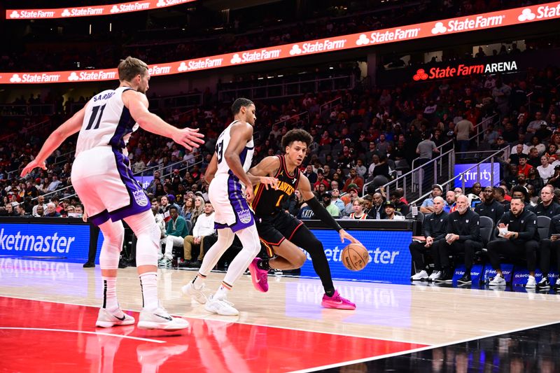 ATLANTA, GA - NOVEMBER 1: Jalen Johnson #1 of the Atlanta Hawks handles the ball during the game against the Sacramento Kings on November 1, 2024 at State Farm Arena in Atlanta, Georgia.  NOTE TO USER: User expressly acknowledges and agrees that, by downloading and/or using this Photograph, user is consenting to the terms and conditions of the Getty Images License Agreement. Mandatory Copyright Notice: Copyright 2024 NBAE (Photo by Adam Hagy/NBAE via Getty Images)