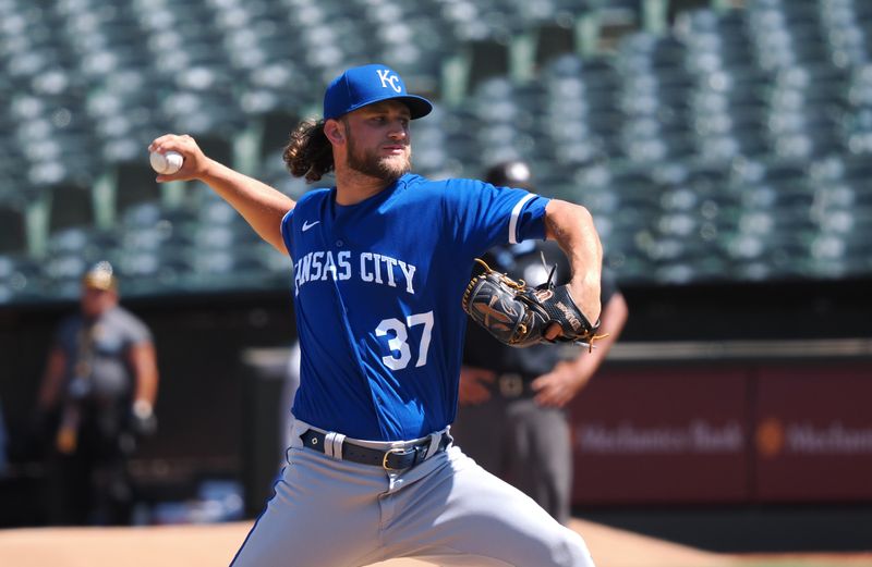 Aug 23, 2023; Oakland, California, USA; Kansas City Royals relief pitcher Jackson Kowar (37) pitches the ball against the Oakland Athletics during the eighth inning at Oakland-Alameda County Coliseum. Mandatory Credit: Kelley L Cox-USA TODAY Sports